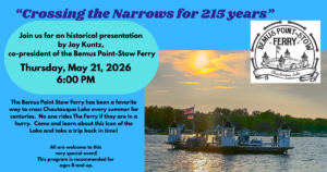 Photo of Bemus Point Stow Ferry with text details about event.